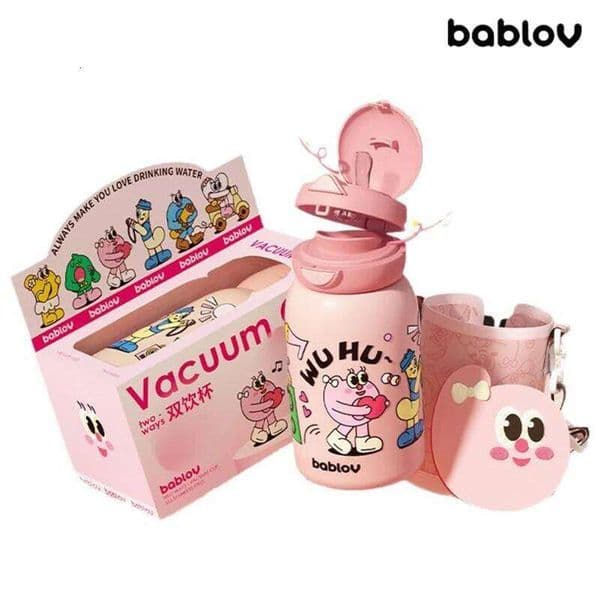 Bablov 550ML Stainless Steel Vacuum Flask Cute Pattern Thermos Water Bottle with Straw Leak-proof Double Drink Cup for Kids C260128