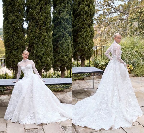 2026 Designer Romantic French Lace Long Sleeves A Line Wedding Dresses For Bride High Collar Corset Basque Waist Vintage Bridal Gowns Elegant Ceremony Dress LG0901