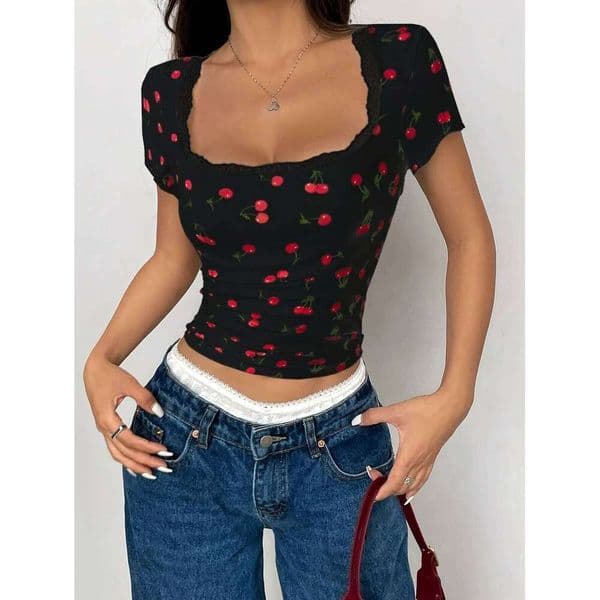 Women's Tops Rockabilly Y2K Short Sleeve Tee Floral Print Lace Trim Button Front Crop Shirt Casual Off Shoulder Vintage Blouse