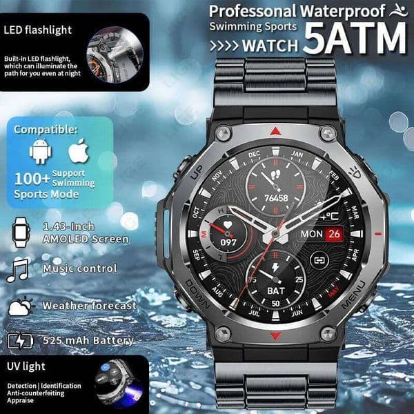LIGE 1.43" Amoled Screen 5ATM Waterproof Bluetooth Call Smart Watch UV Light LED Flashlight Outdoor Sport Fitness Smartwatch Men X260128