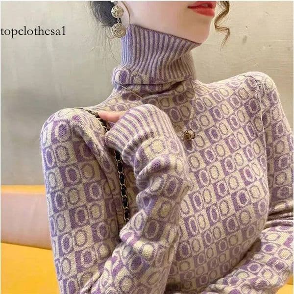 Women Lavender Purple Turtleneck Sweater Knitwear 2024 Spring Fashion Slim Casual Chic Jacquard Knitted Pullovers
