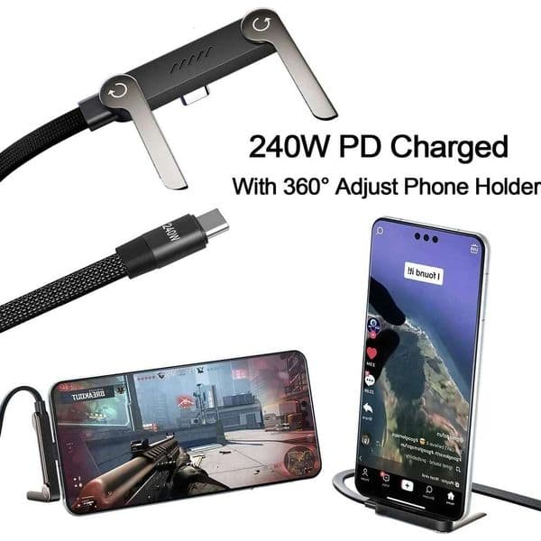 240W 2-In-1 Foldable Stand Braided Cable Type-C To Usb-C Fast Charging For Phones/Laptops Kuhangxin