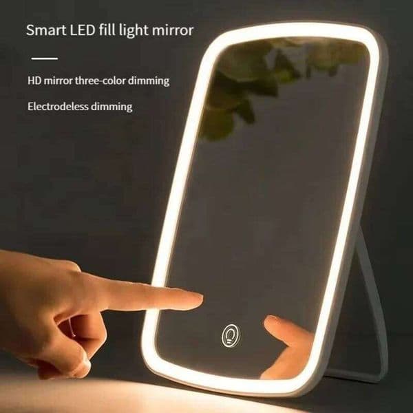 LED Makeup with Stand Desktop Folding Compact Square Travel Cosmetic Portable Lighted Vanity Mirror Touch Tabletop 26L0128