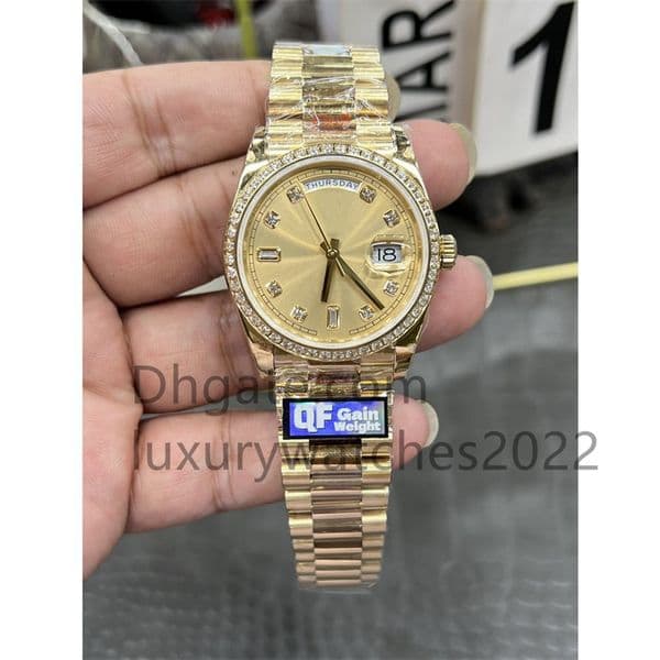 36mm Unisex Men Women Watch QF Heavy Version Automatic 2836 Ladies Watches Men's Diamond Bezel Yellow Gold Champagne Day Time Date Women's Man Wristwatches