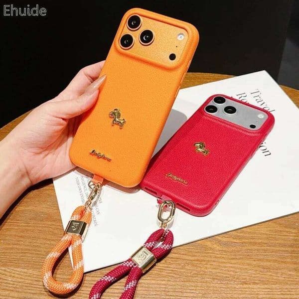 Little Horse Short Strap Case For iPhone Pro Max 15 12 11 13 16 14 Plus 17 Air Leather Texture Simple Shockproof Cute Cover Z260128
