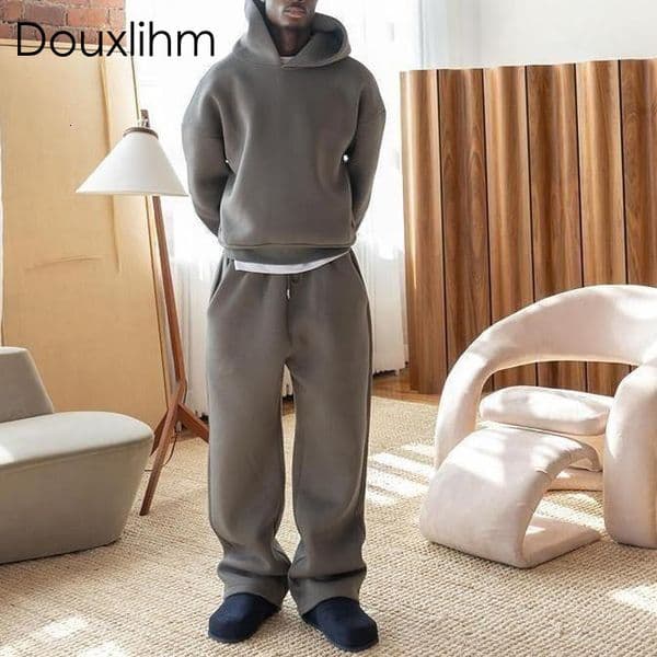 Douxlihm Free Shipping New Designer Clothing Mens Casual Solid Color Hooded Pullover Straight Pants Trendy Comfortable Streetwear Style