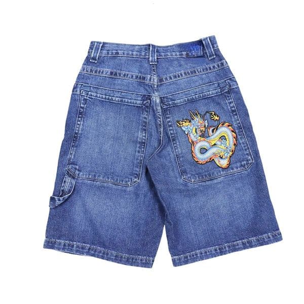 Hip Hop Dragon Embroidery Retro Denim Shorts Y2k Blue Wash Wide Leg Straight Work Pants Men Women Streetwear Jorts Clothing 260129