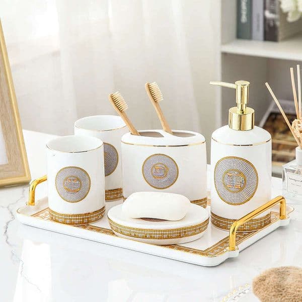 Light Luxury Gold-Edged Bone China Bathroom For Home, Hotel, And Homestay, European Style Cup, Toothbrush Holder, Wash Set B2 thumbnail 2