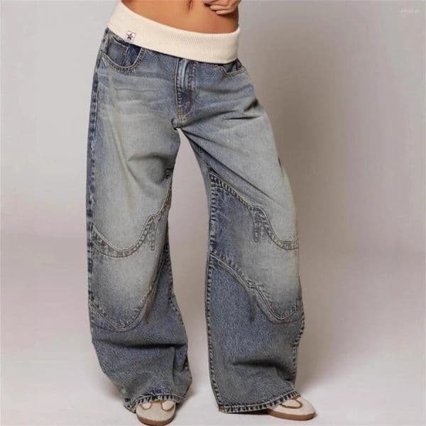 Women's Jeans Hip Hop Splice Fashion Basics Retro For Simple Dressing Up Daily Necessary Wide Leg Pants Baggy Cargo
