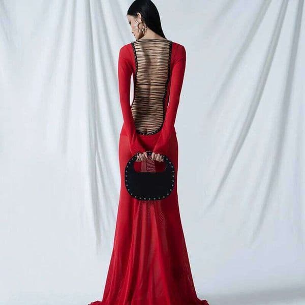 Women's Sheer Mesh Long-Sleeve Evening Gown Elegant and Sensual Backless Dress Fitted Mermaid Skirt for Parties Proms Birthdays