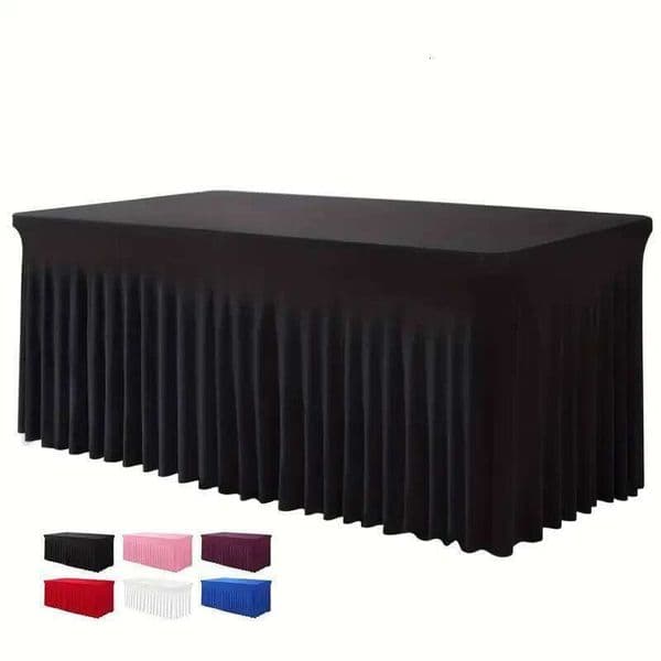 6ft, Rectangle Skirts, Polyester Fitted Covers, Black Cloth For 6 Ft With Skirt,Spandex Table Cover 26Y0129