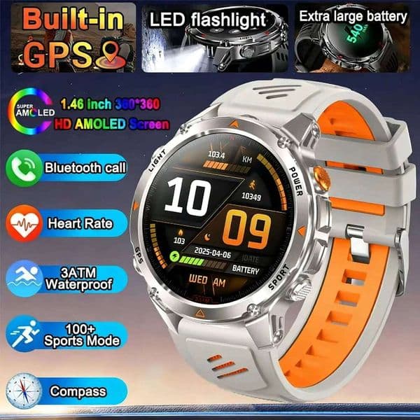 2025 New GPS 1.46"HD LED Flashlight 540 MAH Men 100+ Sports 3ATM Waterproof Compass Bluetooth Call Smartwatch X260128