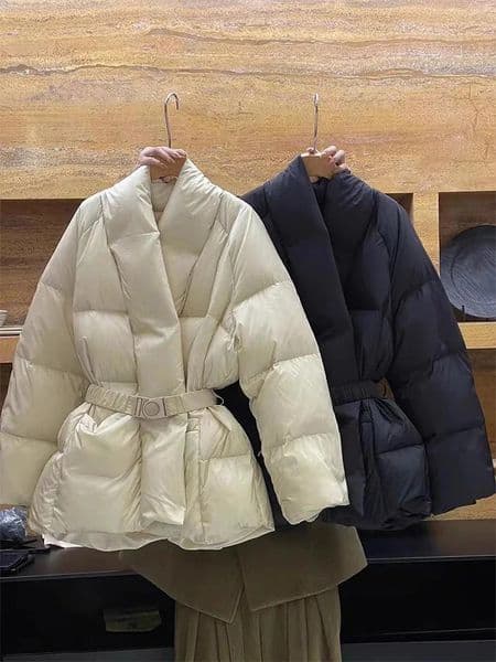 Lagabogy Winter Belt WaistTight Elegant Warm 90 White Duck Down Jacket Female Long Sleeve Solid Color Vneck Puffer Coat 260126