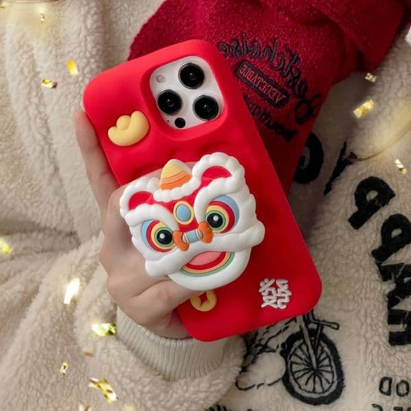 3D Cute Folding Bracket Chinese New Year Lion Red Soft Rubber Case for iPhone 15 14 13 12 11 Pro Max Lucky Words Kickstand Cover ddmythur M260326
