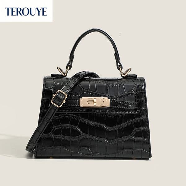 TEROUYE French niche style minimalist handbag winter new crocodile pattern small square bag retro elegant style women's shoulder bag luxury