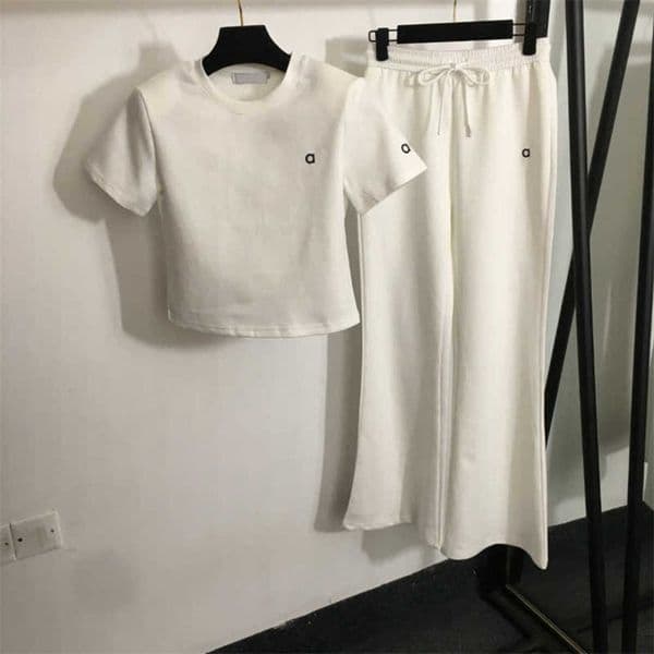 Womens Tracksuits Designer Casual Two Piece Outfits For Women logo embroidery shoulder pads Crew Neck T shirt High Waist flared trousers Matching Sets Streetwear
