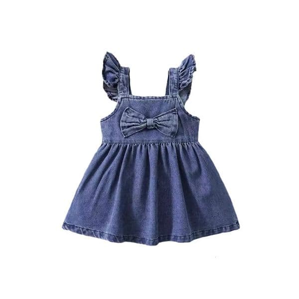0-3Yrs Summer Baby Girls Denim Dress Casual Sleeveless Dress Cute Bow Princess Solid Clothing Outfits 260126BJ