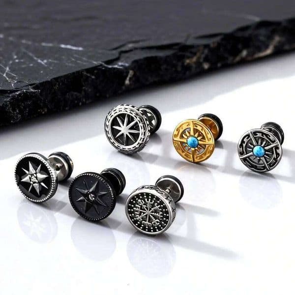 Vintage Men's Compass Earrings,Stainless Steel Eight-pointed Star Round Metal Stud Earrings,Trendy Classic Jewelry Gifts 26W0129