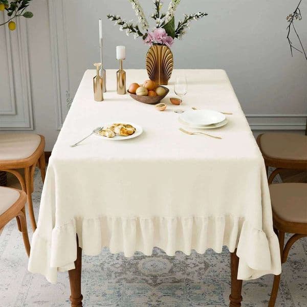 Rectangle Tablecloth Washable Vintage Ruffle Trim Table Cover for Boho Wedding Tabletop Bridal Shower Birthday Party Decoration 26Y0129