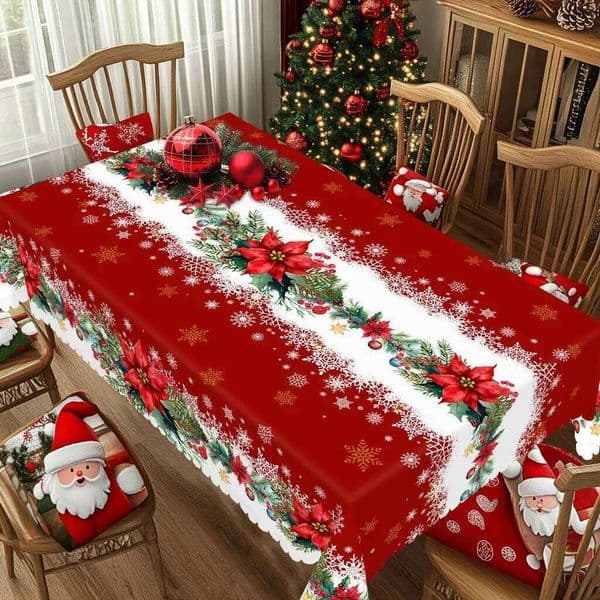 1 Piece of Red Merry Themed Printed Tablecloth, Retro Country Farmhouse Style, Christmas Flower, Snowflake Pattern Design, Suitable 26Y0129