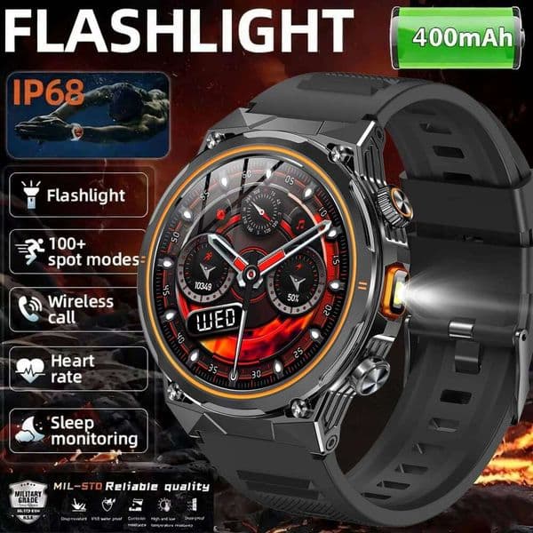 2026 New Military 400mAh Battery Smart Watch Men IP68 Waterproof LED Flashlight Heart Rate Monitoring Sports Tracker Smartwatch X260128