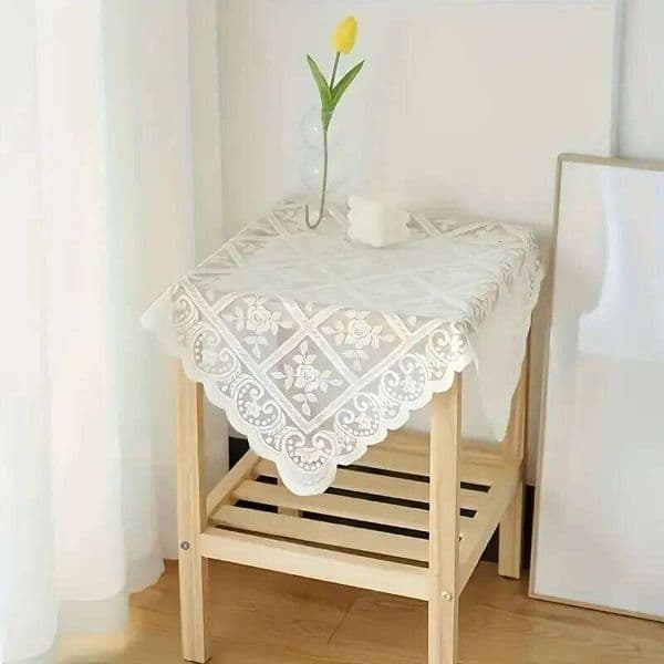One Antique Embroidered Lace Tablecloth - Solid Color Elegant Flower Cut Process Square Tablecloth, 100% Polyester 26W0129