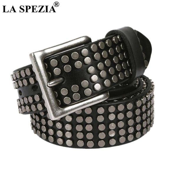 LA SPEZIA Rock Belts Men Women Punk Rivet Genuine Cowskin Leather Buckle Black Cofee White Steampunk Accessories X260128