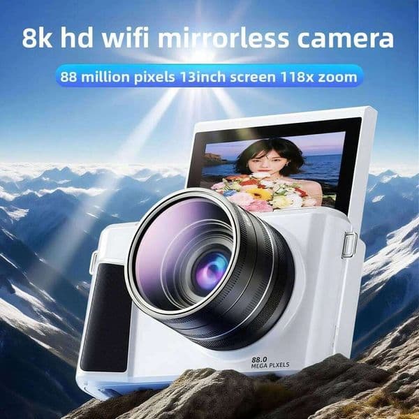 88MP 8K 18X Zoom Autofocus 3 Inch 180 Flip Dual Battery WiFi Mirrorless Camera with Lens Cap 32GB Memory Card 26L0129