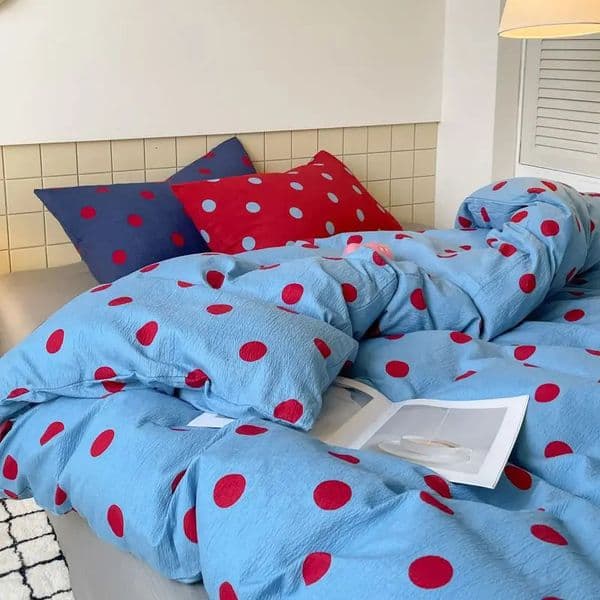 Polka Dot Bedding Set Blue Red Dots With Pillowcases Fitted Sheet For Teen Girls Women Cozy Bedroom Decor Full Queen Size 260122BJ