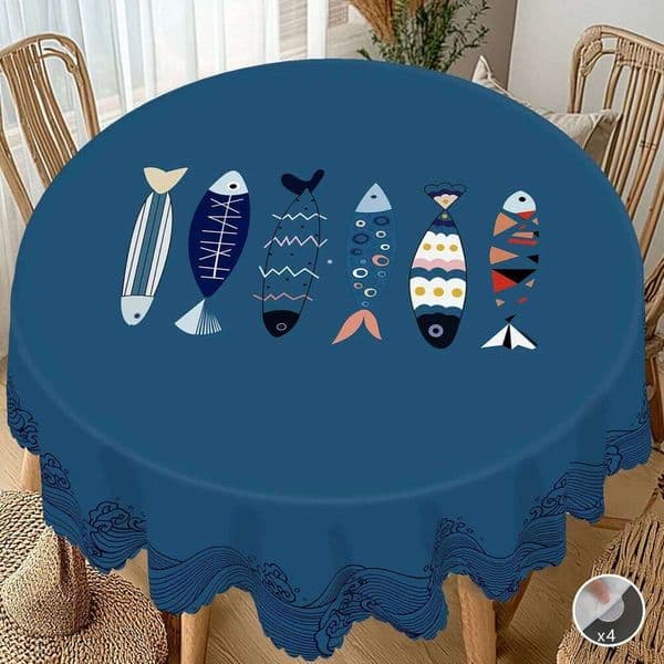 1 Piece of Summer Simple Ocean Style Printed Round Geometric Fish Pattern Rectangular Party Tablecloth, Courtyard Camping Decoration 26Y0129