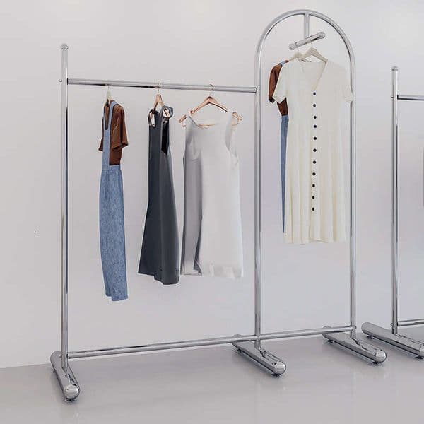 Stainless Steel Brushed Floor Garment Rack for Clothing Store, Freestanding Display Stand with Hanging Rod, Middle Island Garment Hanger for Front Side Hanging