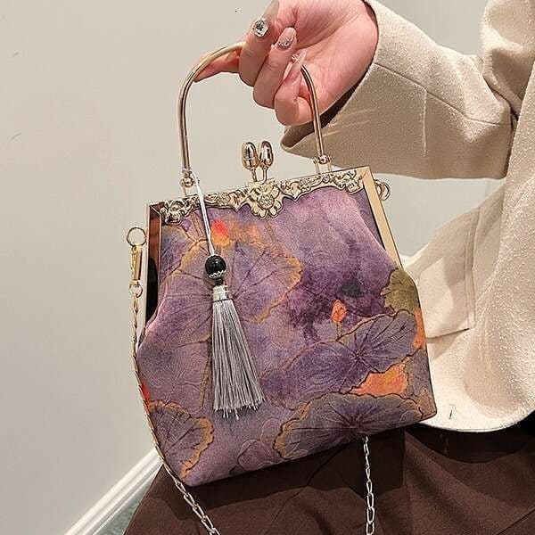 New Style Women's Handbag Elegant Acetate Fabric Vintage Grand Clutch Finished Bag Chinese Purple SHANGFANNI