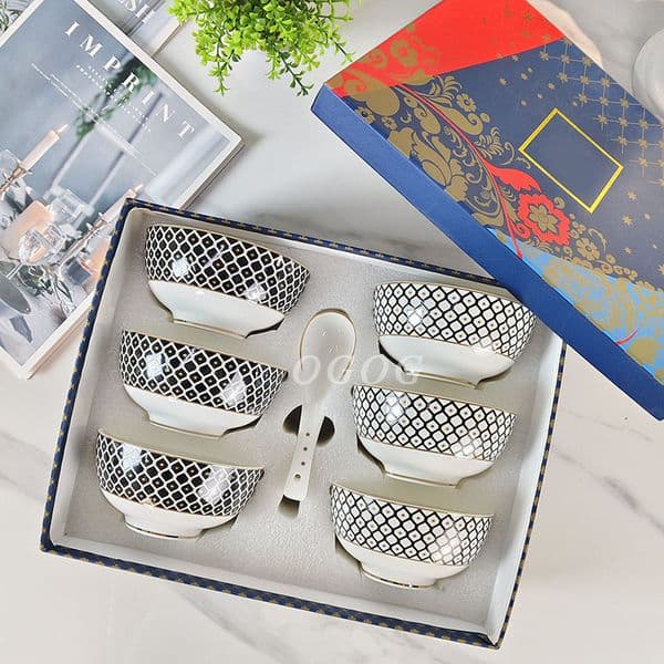 Black Heptagram Bone China Bowl Spoon Set Restaurant Household Light Luxury High Value Tableware Rice Bowl Spoon