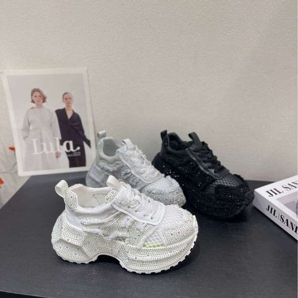 Full Rhinestone Lace-Up Platform Thick-Soled Dad Shoes for Women, Starry Sky, Petite Height-Increasing Casual Sneakers, Trendy