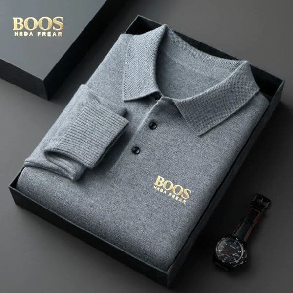 BOOS HRDAFREAR autumn and winter wool collar long sleeved mens knitted polo shirt solid color middle-aged base sweatermen c 260123