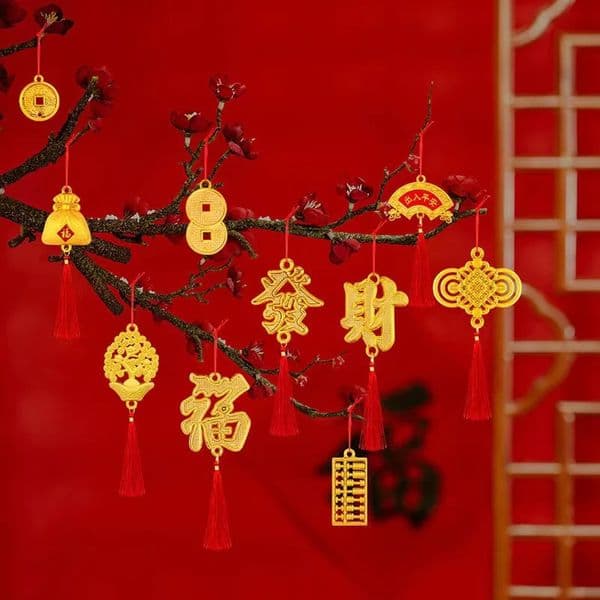 5pcs Spring Festival Flower Bonsai Fortune Tree Hanging Decor Year gold Chinese Knot Small Pendant for Home Mall Company 260127BJ