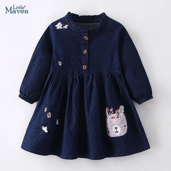 Little maven Kids Clothes Childrens Clothing Baby Girls Autumn Cotton Long Sleeves Cartoon Rabbits Princess Denim Dresses 260126BJ