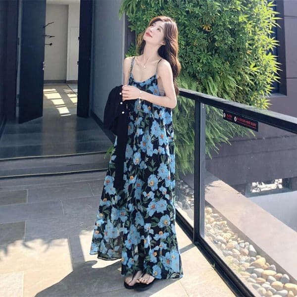 2025 New Chinese Style Beach Vacation Long Textured Blue Floral Sleeveless Strap Dress for Women Summer