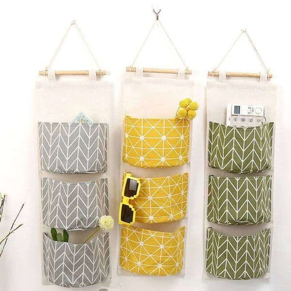 Three Pockets Hanging Wall Household Bedroom Living Room Kitchen Cotton Linen Storage Bag 26W0130