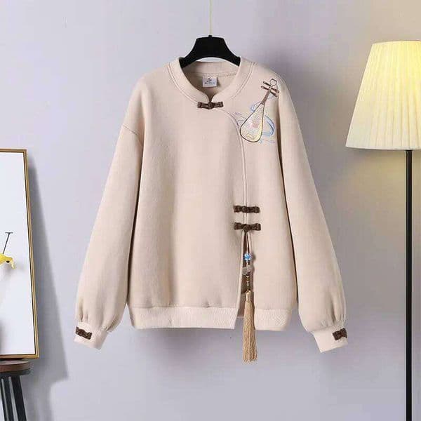 Mardi Hefxessdr Autumn Winter Women s Clothing Lantern Long Sleeve Geometric Embroidery Tassel Round Neck Chinese Style Elegant Stylish Bow Tops