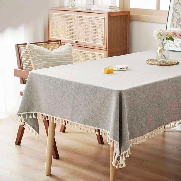 Grey Tablecloths with Cotton Tassels, Farmhouse Table Cloth Table, Rectangle Tablecloth for Kitchen, Dining, Part 26H0130