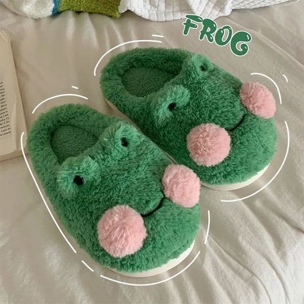Cute Cartoon Frog Cotton Slippers Women Men Winter Warm Shoes Soft Fur Thick Sole Anti-slip Couples Indoor Home Floor Slides260127