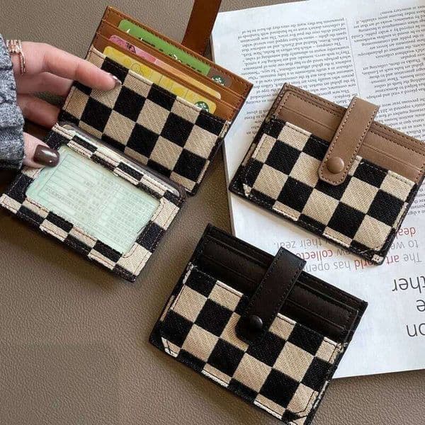 Delicate Vintage Grid Canvas Mini Card Holder Women Slim Multifunctional Driver License Pouch