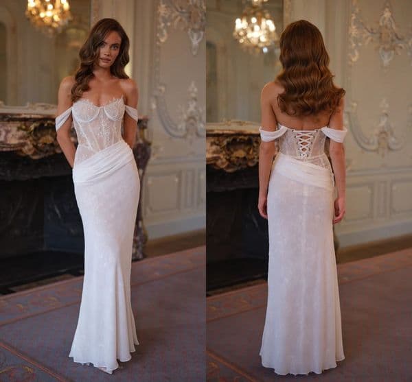 Timeless Romantic French Embroidered Lace Wedding Dress - Off Shoulder Pleated Chiffon Corset Bodice Bridal Gown By Lg0909 Q0207