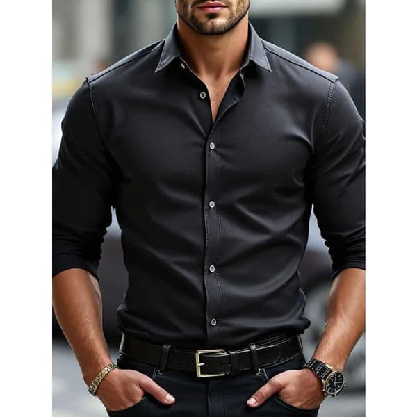 Bolubao Men Smart Casual Shirt Fashion Solid Color Long Sleeve Elastic Fabric Male Business Dress Black Shirt 260128