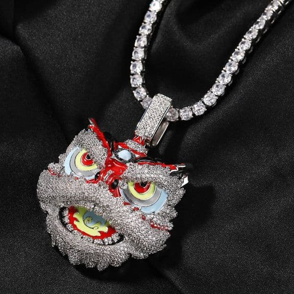Jewelry Necklace Retro Lion Dance Pendant Hip Hop Brass Inlaid Zircon Colorful Lion Head Necklace Trendy Cultural Accessory for Men and Women