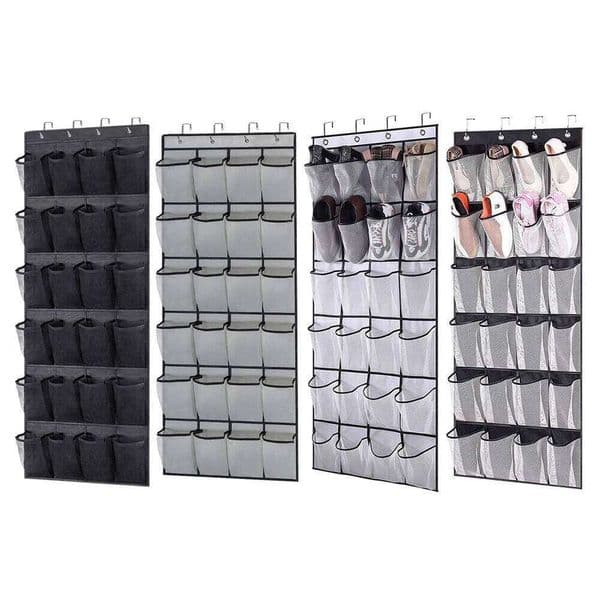 24 Pockets Wall Clear View Pocket Hanging Shoe Organiser Behind Doors with 4 Metal Shoes Rack Storage Bag 26W0130
