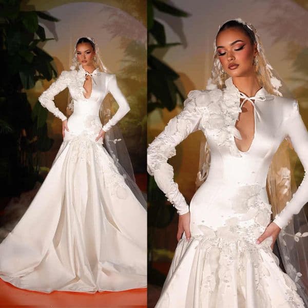 Dreamy White 3D Floral Satin Wedding Dress Shinny Pearls Mermaid Long Bridal Gown New Customzied Gorgeous Dresses For Bride