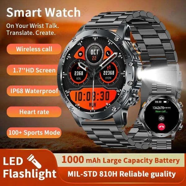 1000mAh Battery Outdoor Smart Watch Men Flashlight Sports Fitness 1.7" HD Large Screen GPS Waterproof Call Smartwatch Z260129