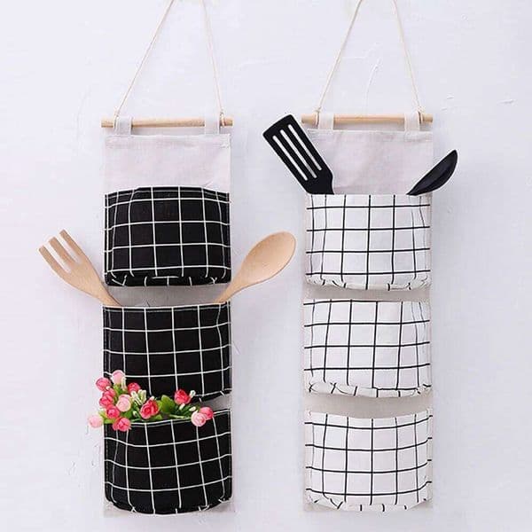 1PC Three Pockets Hanging Organizers Bag Household Bedroom Living Room Kitchen Cotton Linen Storage Bags 26W0130